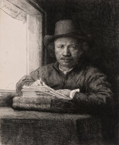 Selbstporträt beim Zeichnen am Fenster von Rembrandt van Rijn